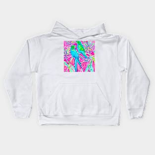 Pink and turquoise watercolor drawing of parrots Kids Hoodie